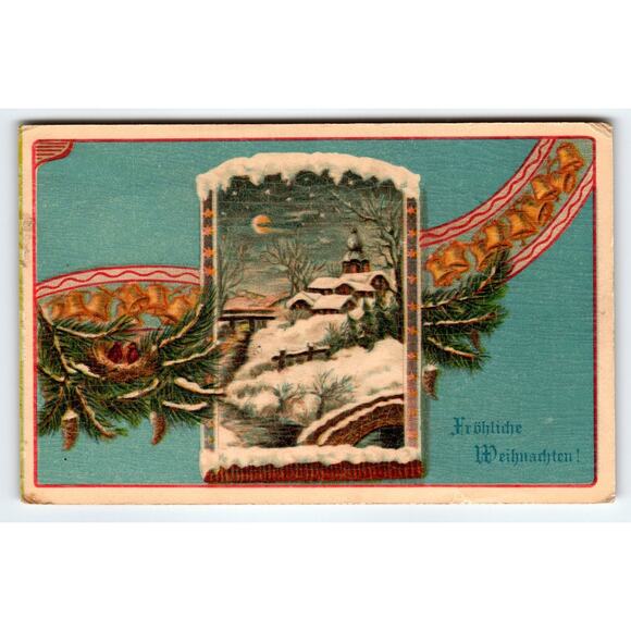 German Text Christmas Postcard Snowy Village Scene Bells Fröhliche Weihnachten - Picture 1 of 2